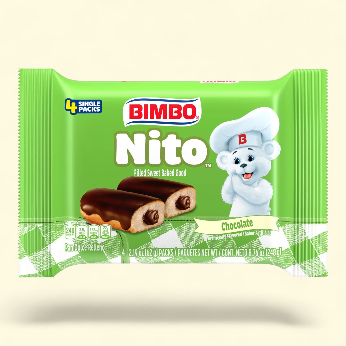 Bimbo Nito chocolate filled sweet baked good packaging on a beige background