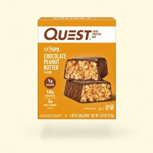 Box of Quest crispy chocolate peanut butter protein bar