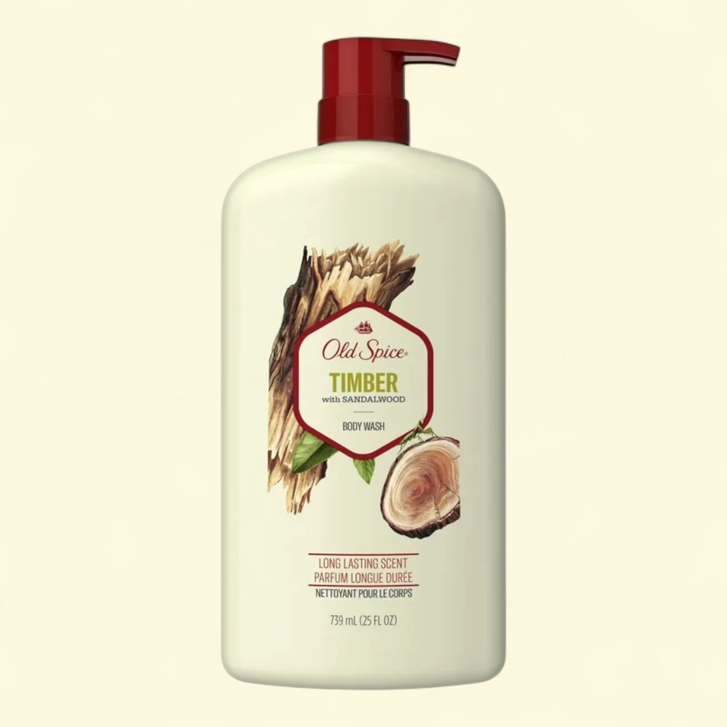 Old Spice Timber body wash bottle on a beige background