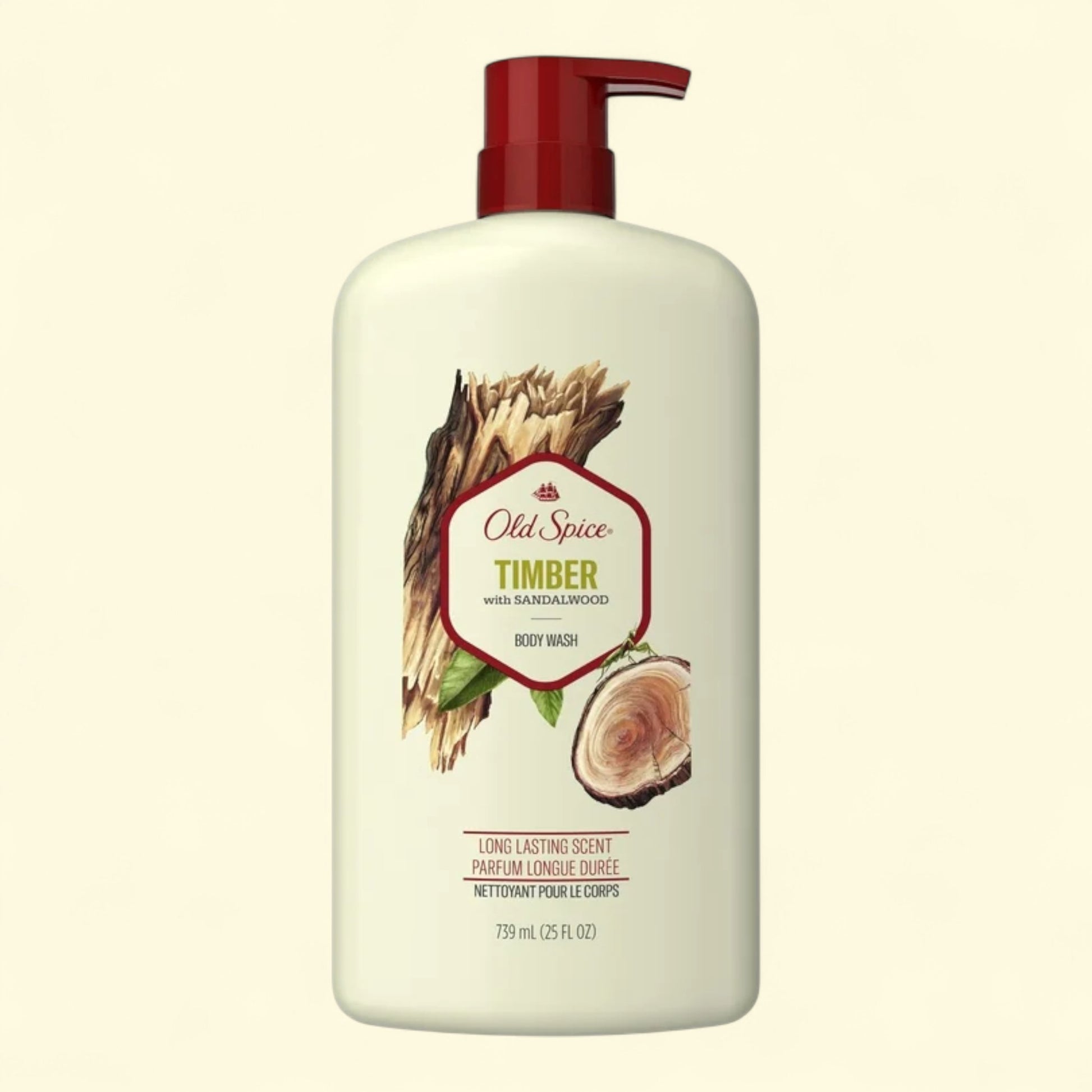 Old Spice Timber body wash bottle on a beige background
