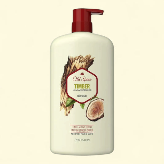 Old Spice Timber body wash bottle on a beige background