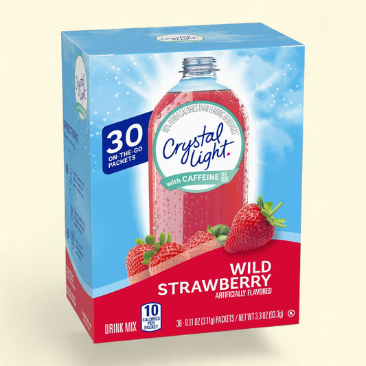 Box of Crystal Light Wild Strawberry drink mix with caffeine on a beige background