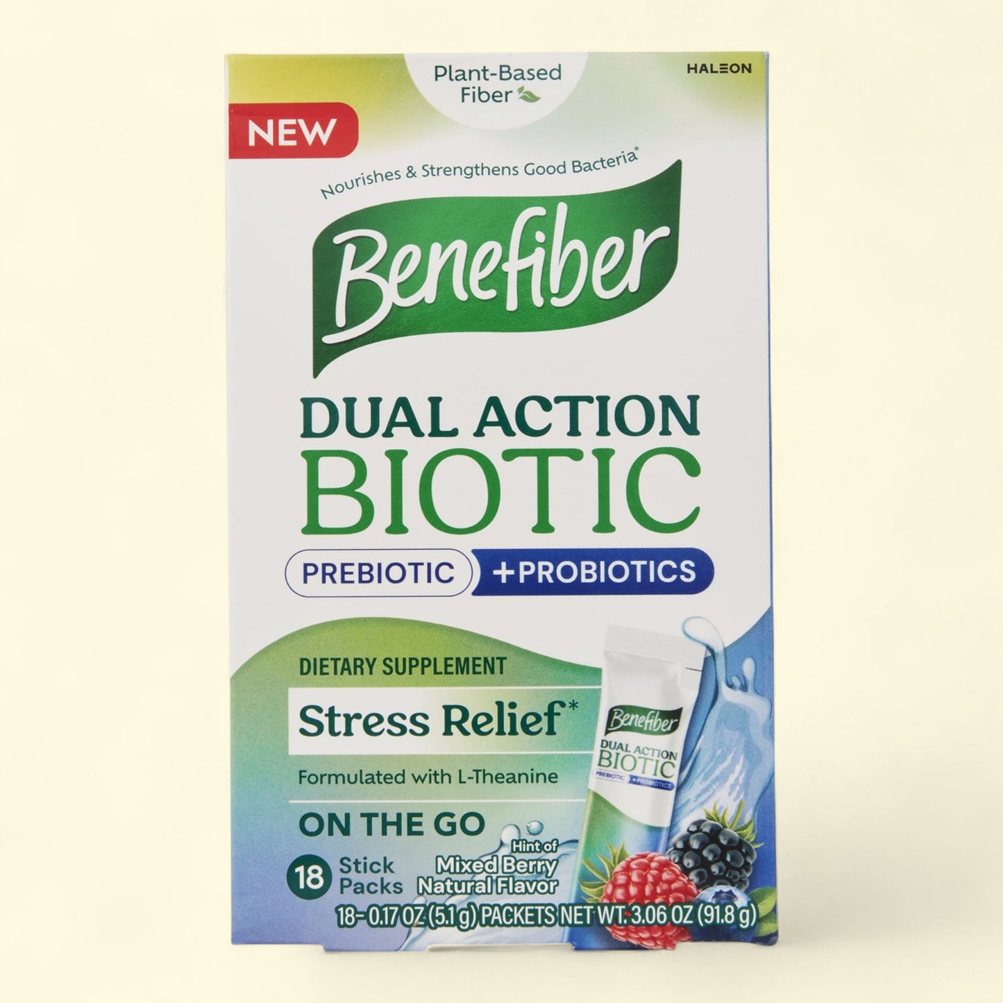 Benefiber Dual Action Biotic supplement packaging on a beige background