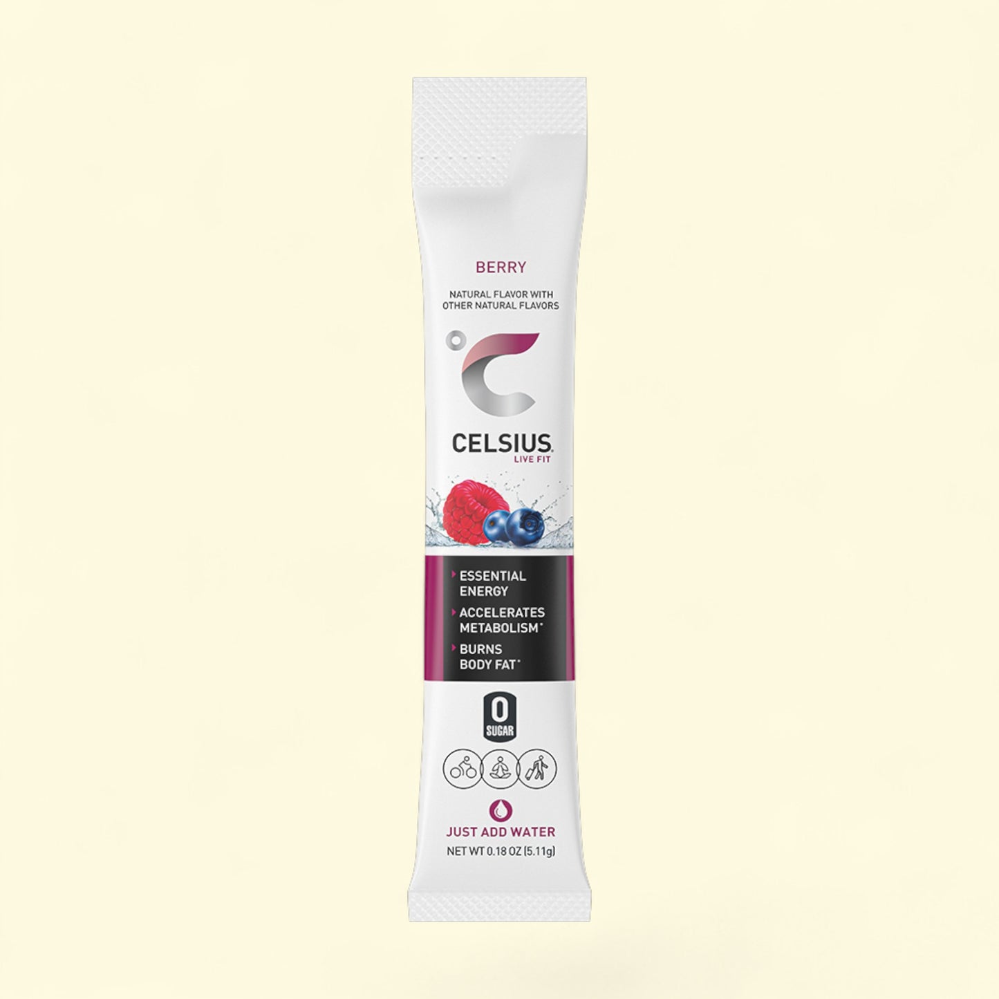 Celsius berry energy stick pack on a beige background