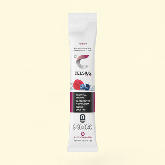 Celsius berry energy stick pack on a beige background