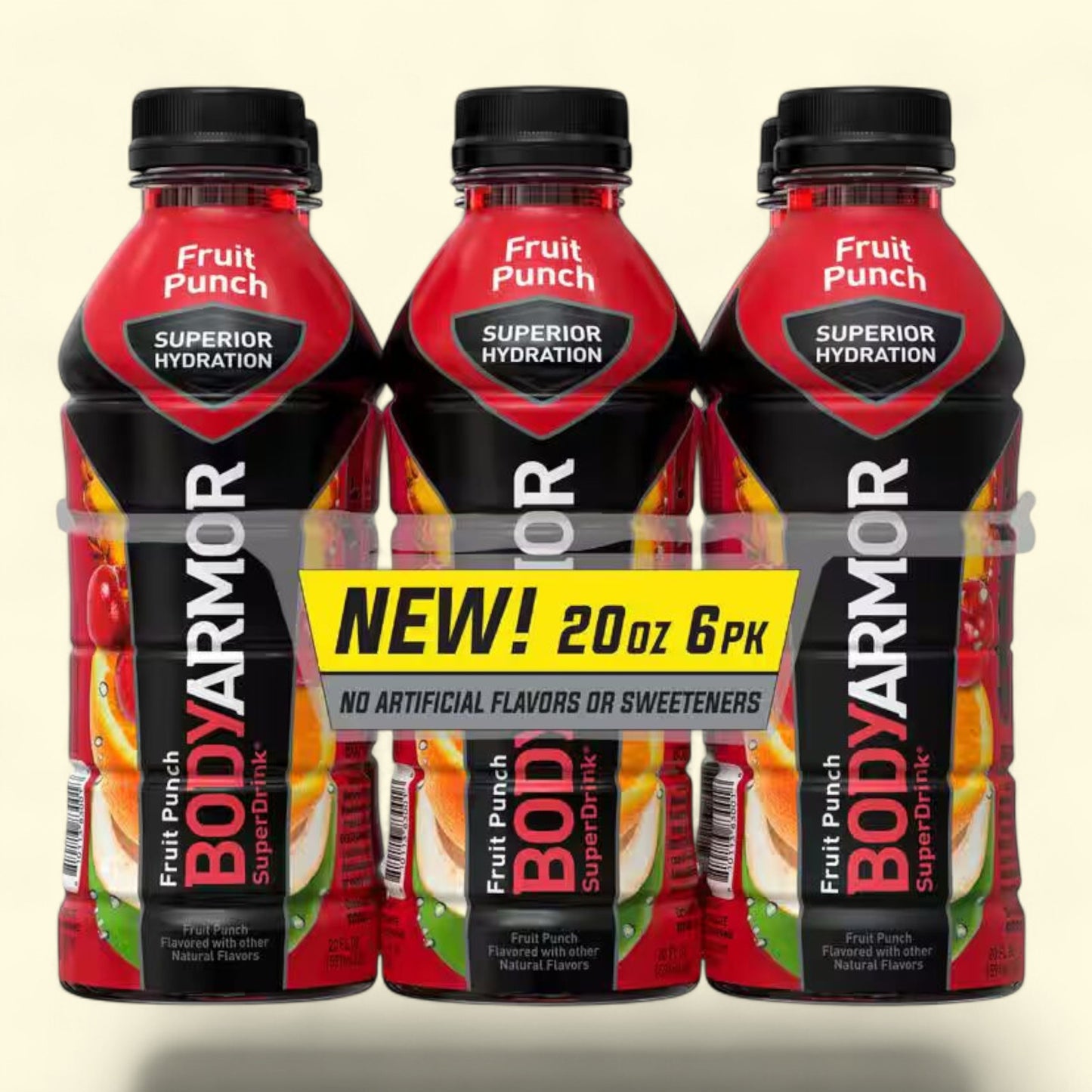 Body Armor Fruit Punch SuperDrink bottles with a 'New' label on a beige background