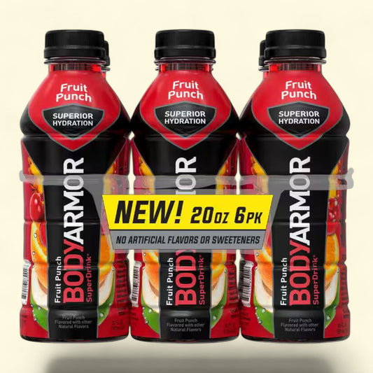 Body Armor Fruit Punch SuperDrink bottles with a 'New' label on a beige background