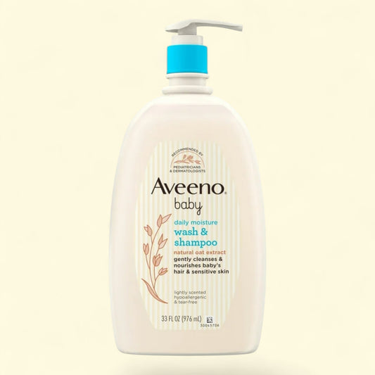 Aveeno baby wash and shampoo bottle on a light beige background