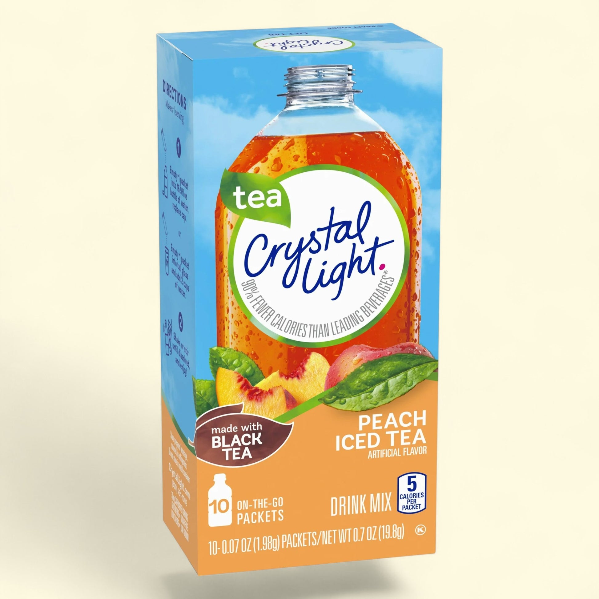 Box of Crystal Light Peach Iced Tea drink mix on a white background