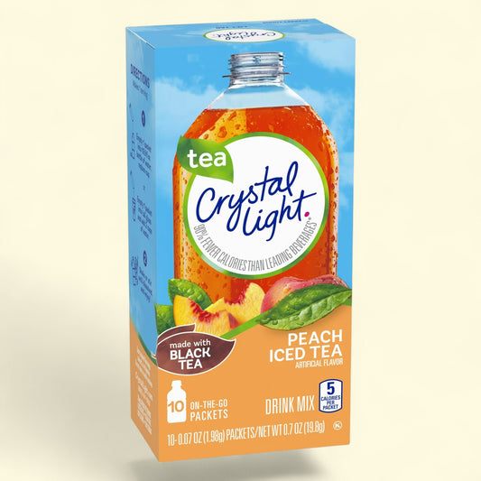 Box of Crystal Light Peach Iced Tea drink mix on a white background