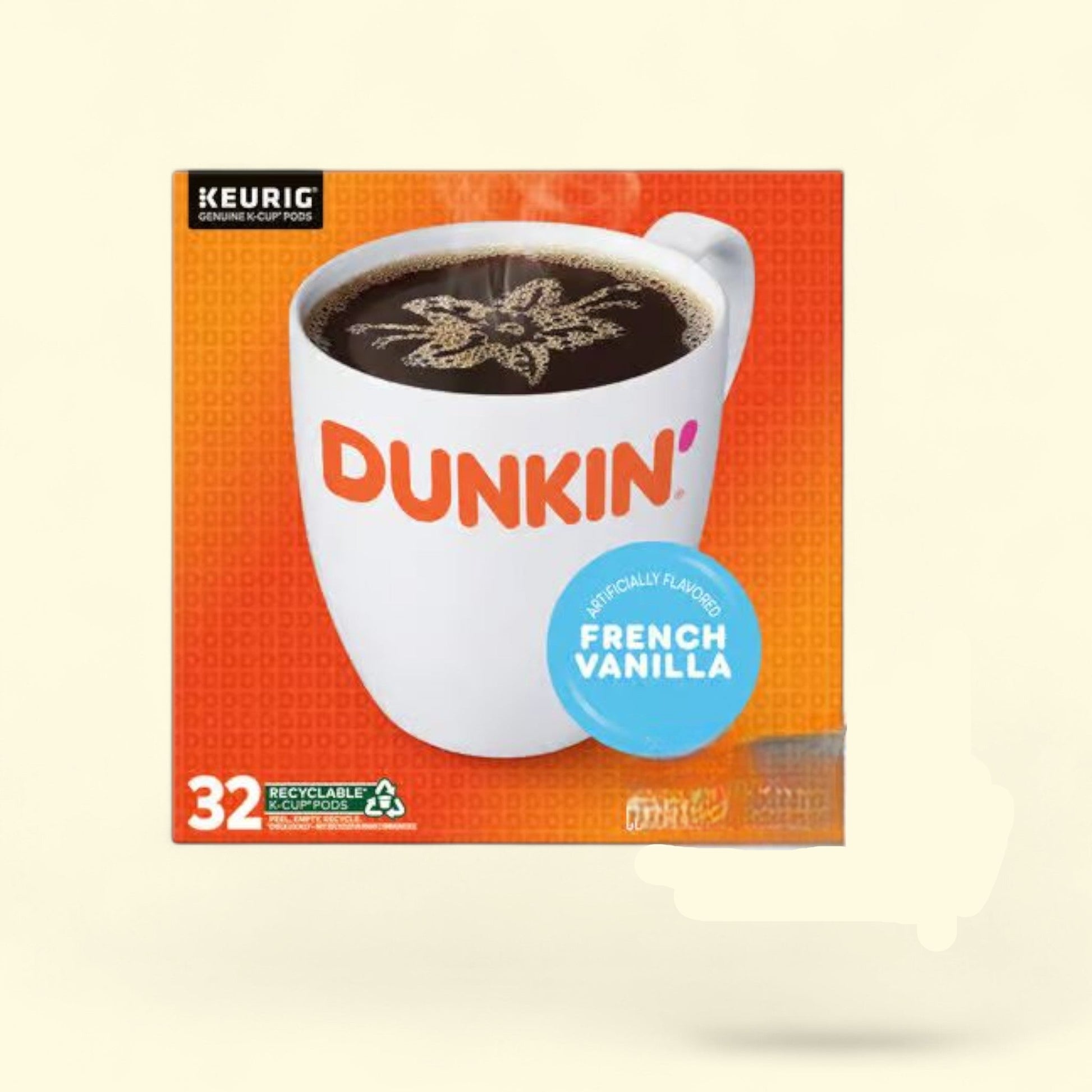 Dunkin' Donuts French Vanilla coffee package with a cup of coffee on an orange background