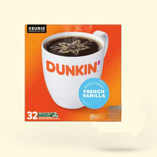 Dunkin' Donuts French Vanilla coffee package with a cup of coffee on an orange background