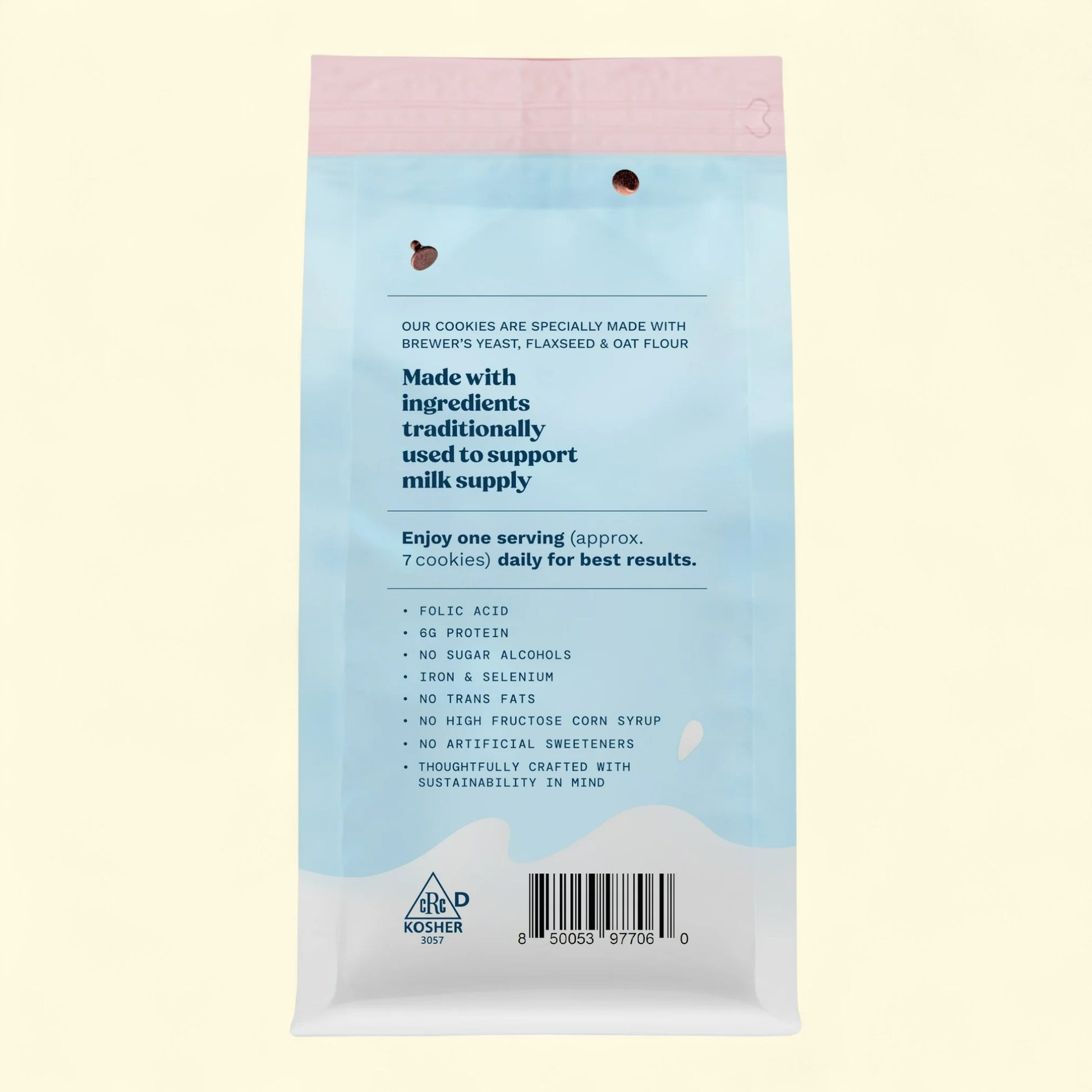 Back of a cookie package with text and a barcode on a light beige background