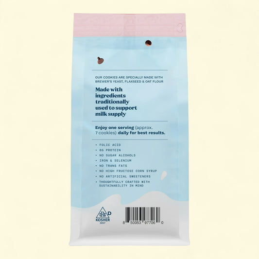 Back of a cookie package with text and a barcode on a light beige background