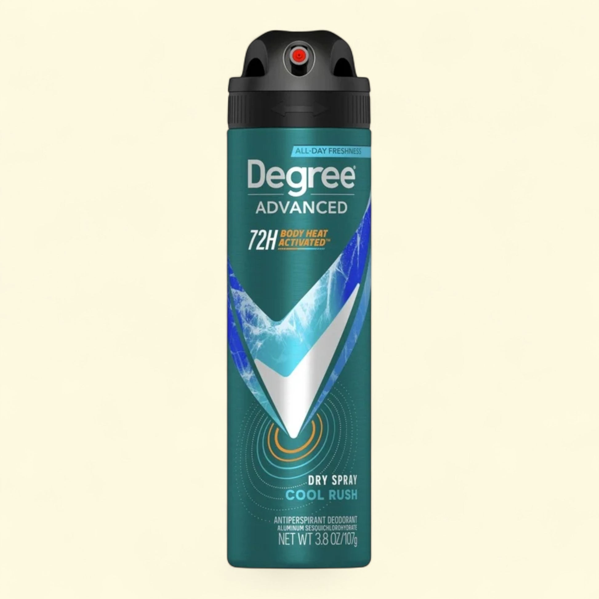 Degree Advanced antiperspirant deodorant spray on a beige background