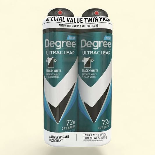 Two bottles of Degree UltraClear antiperspirant deodorant on a beige background