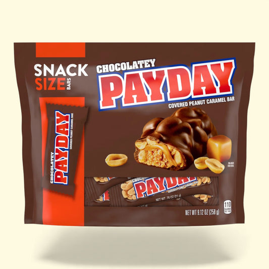 Packaging of Snack Size PayDay chocolate bars on a beige background
