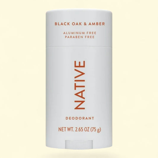 Native deodorant stick with 'Black Oak & Amber' scent