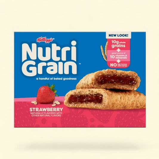 Box of Kellogg's Nutri-Grain Strawberry flavor on a beige background