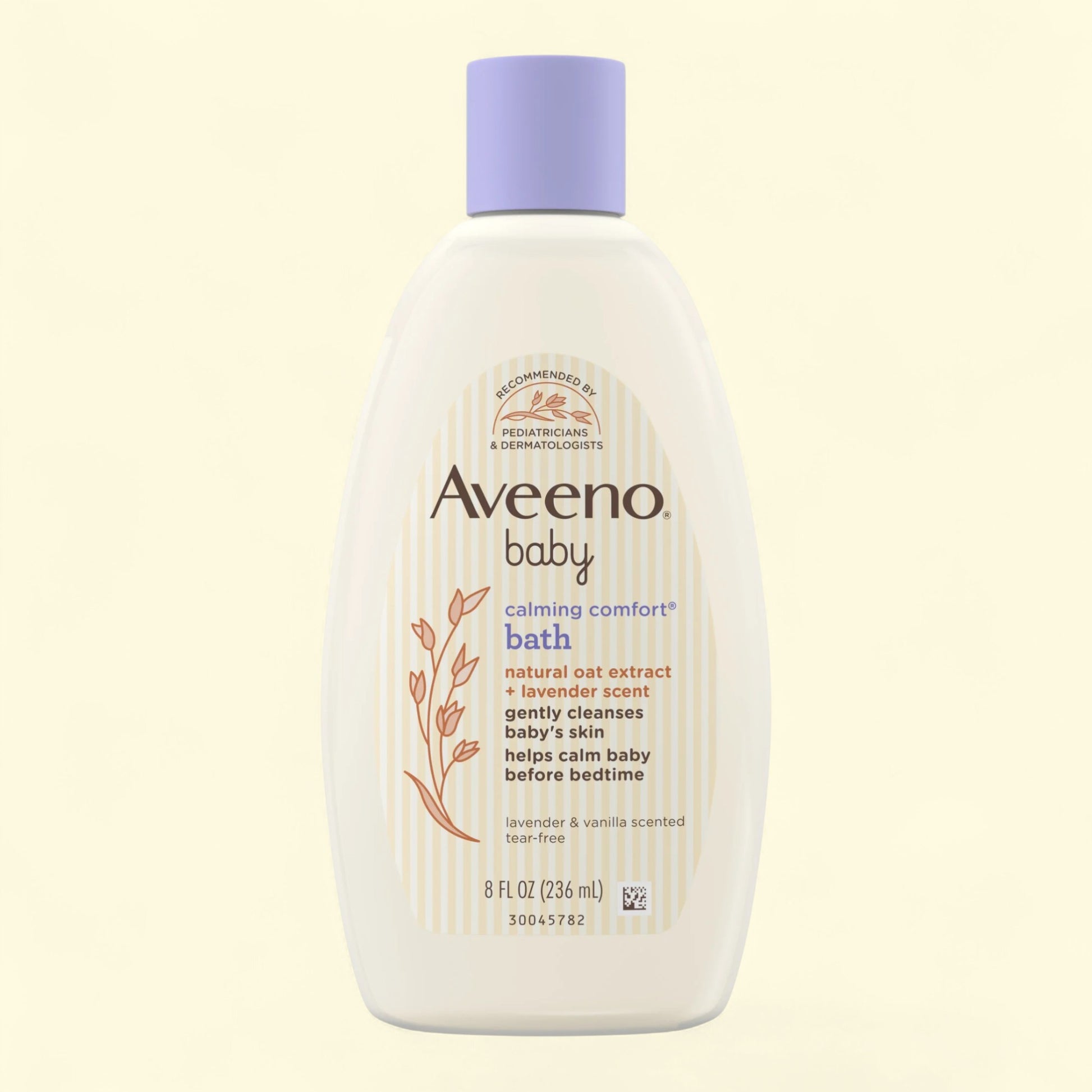 Aveeno baby calming comfort bath bottle on a light beige background