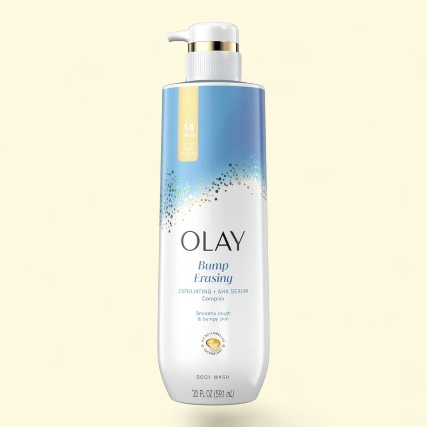 Olay Bump Erasing body wash bottle on a light beige background