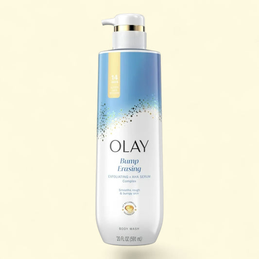 Olay Bump Erasing body wash bottle on a light beige background