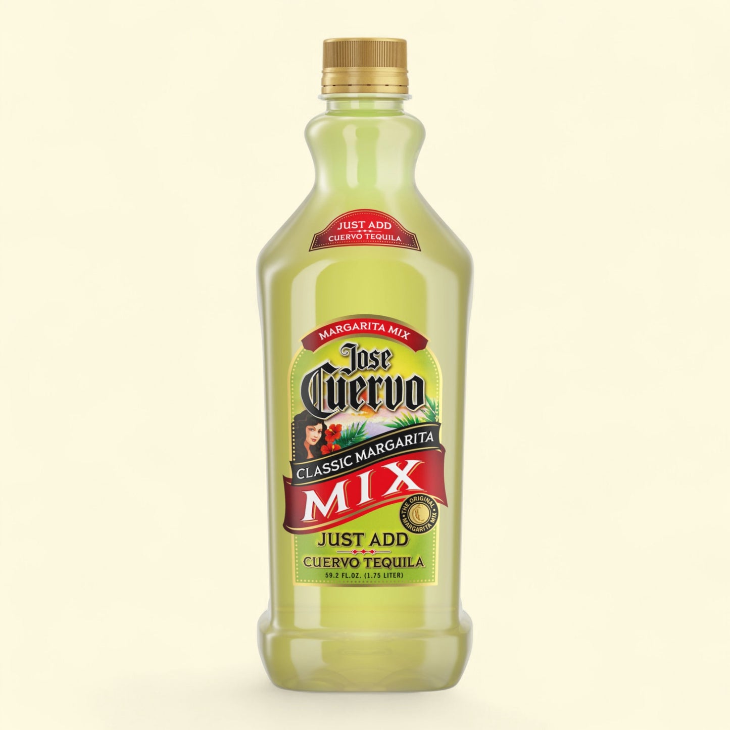 Bottle of Jose Cuervo margarita mix on a light beige background