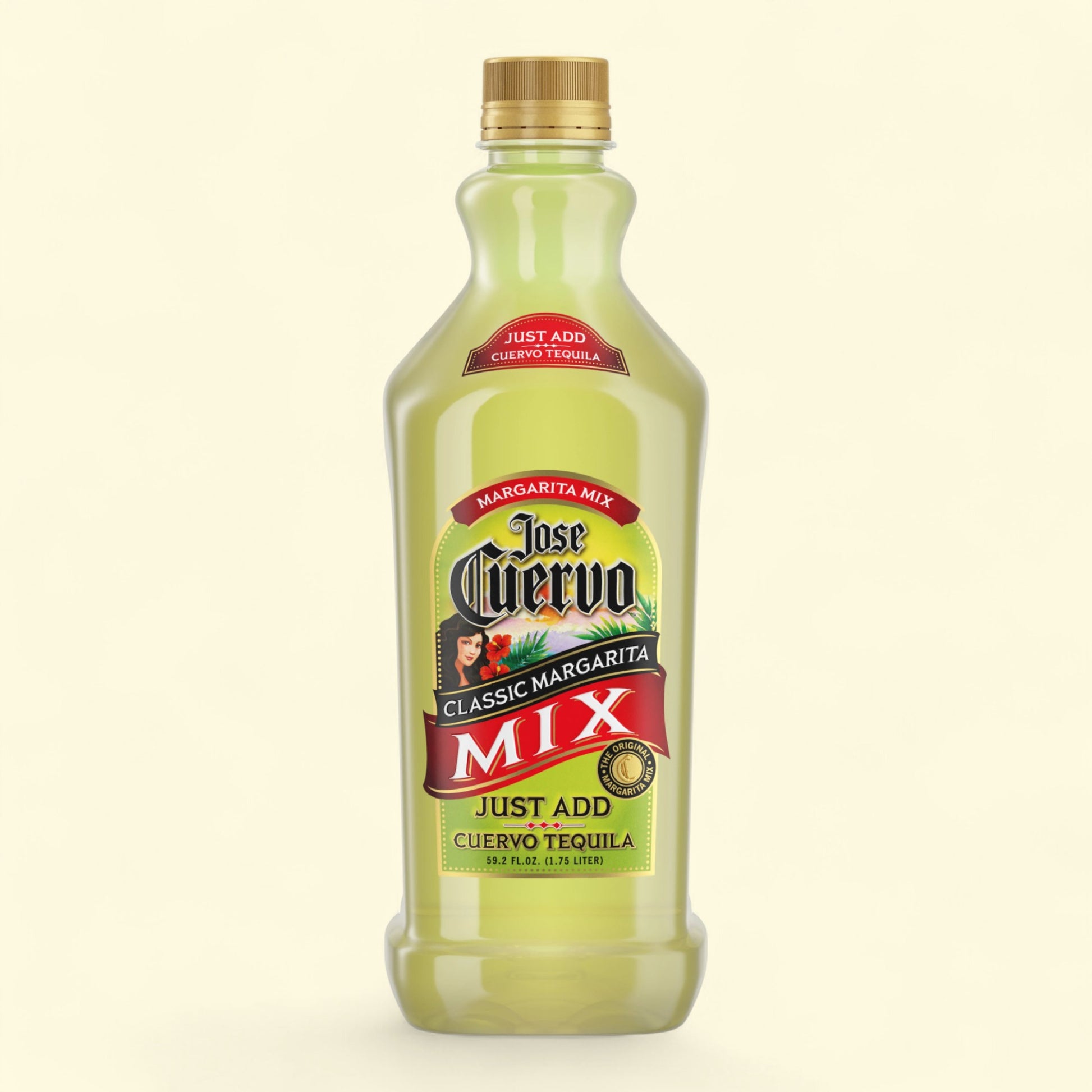 Bottle of Jose Cuervo margarita mix on a light beige background