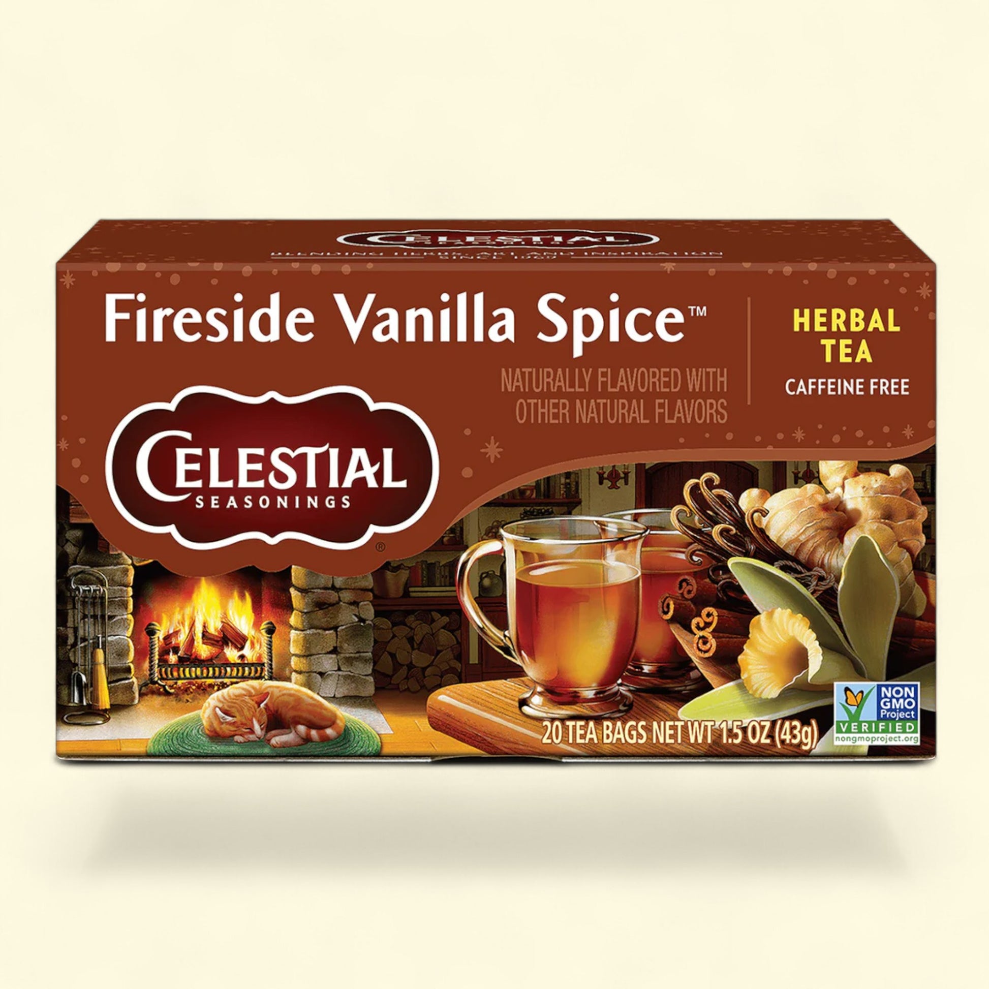 Celestial Seasonings Fireside Vanilla Spice tea package on a beige background