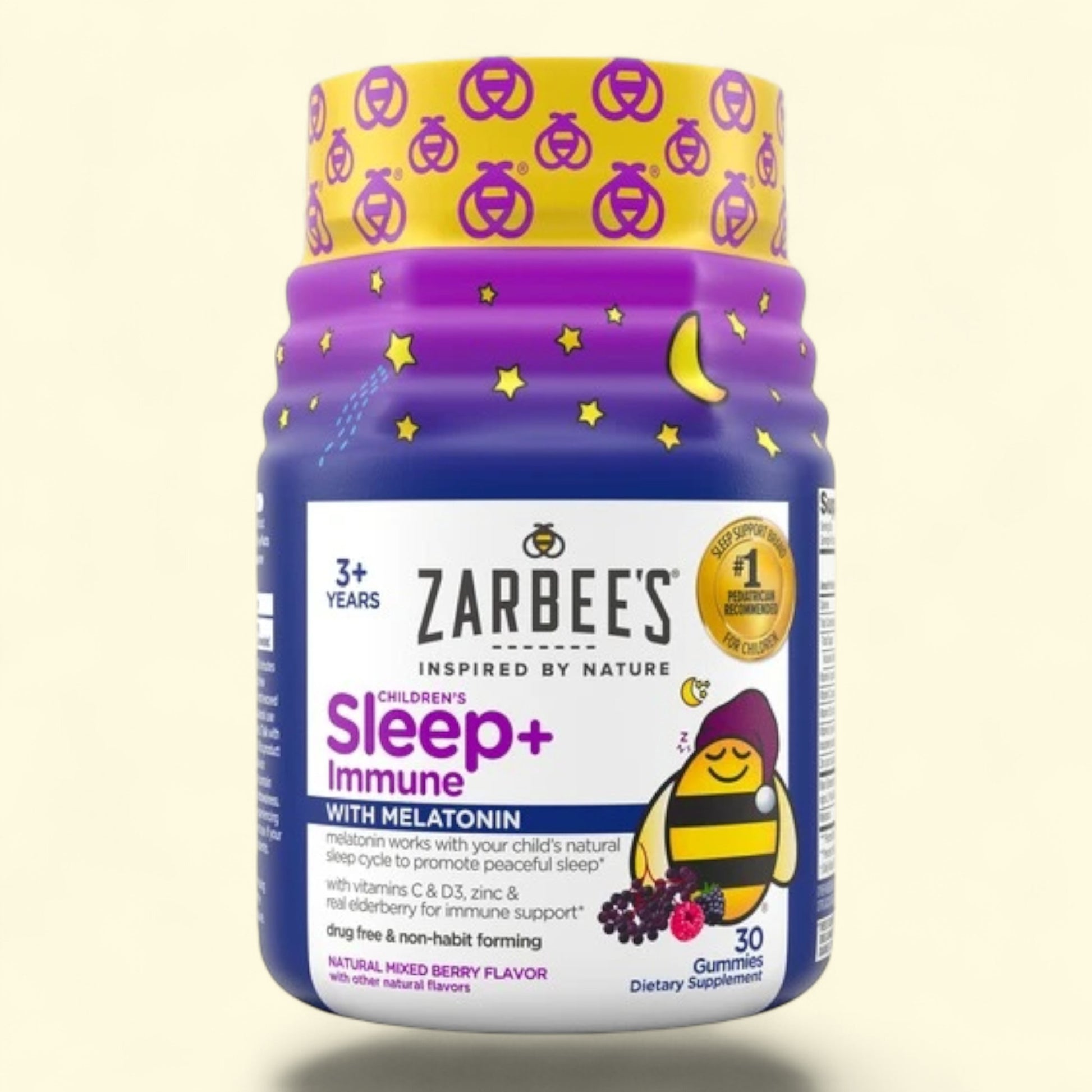 Zarbee's Children's Sleep+ Immune supplement bottle with purple and yellow design on a white background