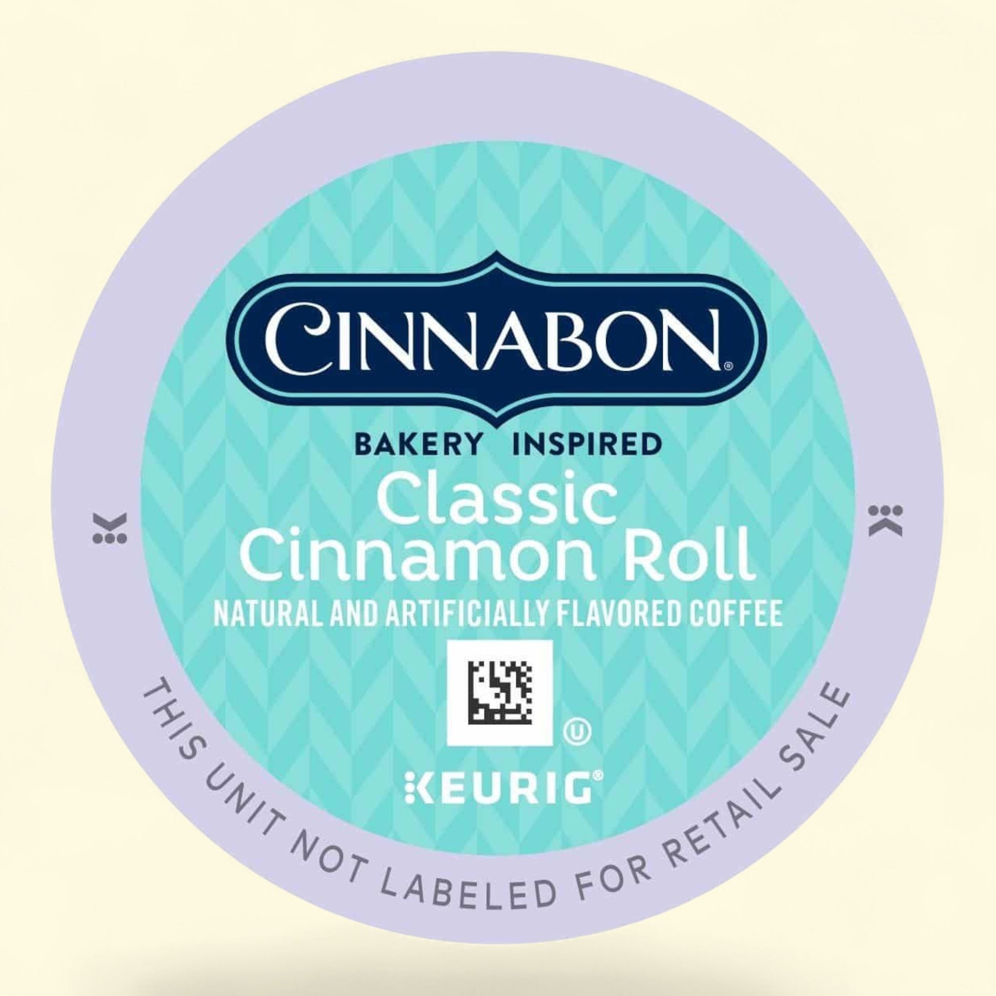 Cinnabon Classic cinnamon roll natural and artificially coffee  pod with Keurig branding on a light yellow background