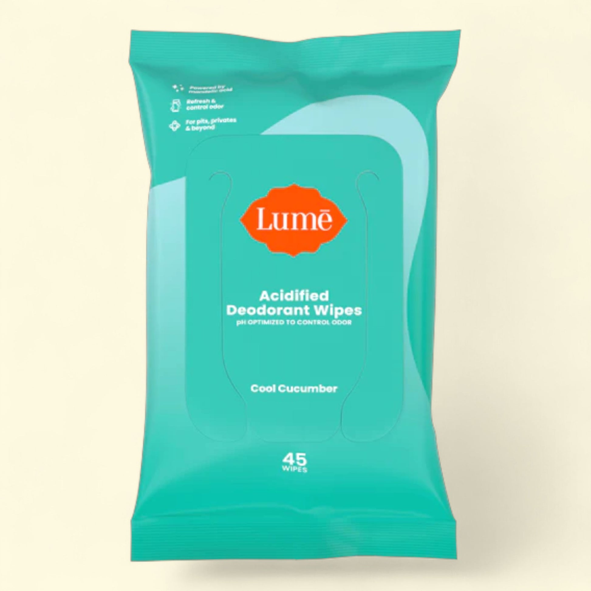 Teal package of Lume acidified deodorant wipes
