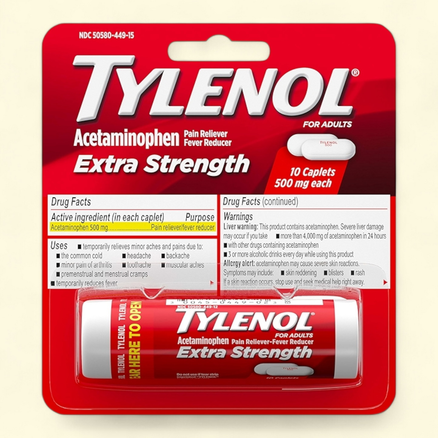 Tylenol Extra Strength Acetaminophen Caplets, 500mg, Travel Size, 10 Count