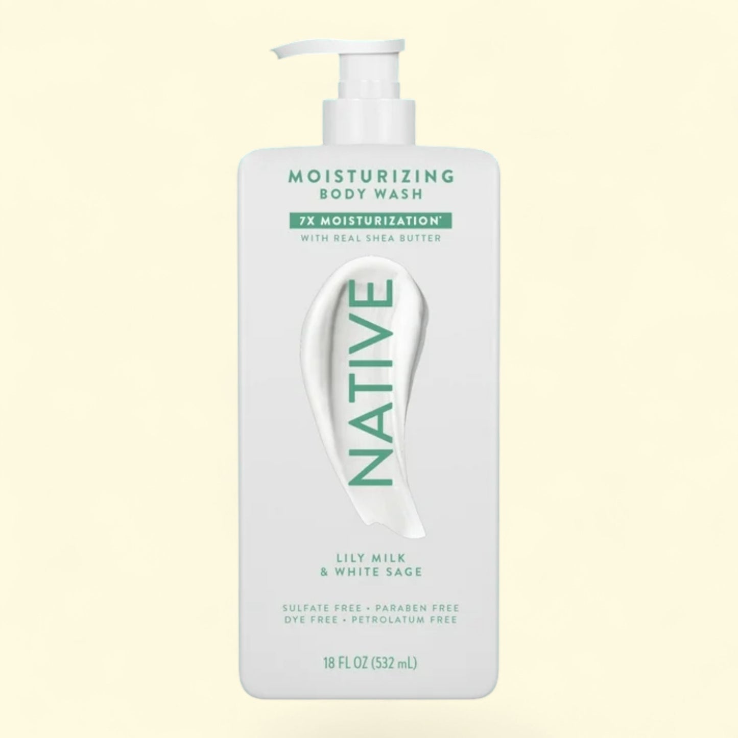 Native moisturizing body wash bottle on a light yellow background