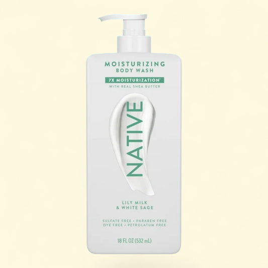 Native moisturizing body wash bottle on a light yellow background