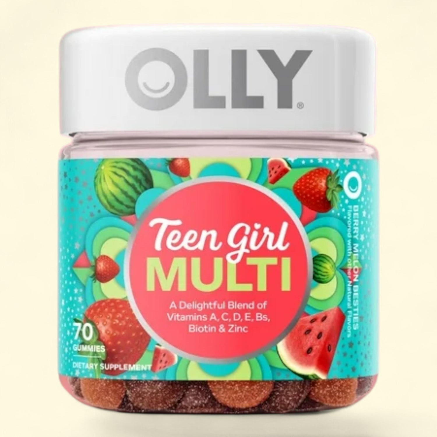 Olly Teen Girl Multi supplement jar with colorful design on a beige background
