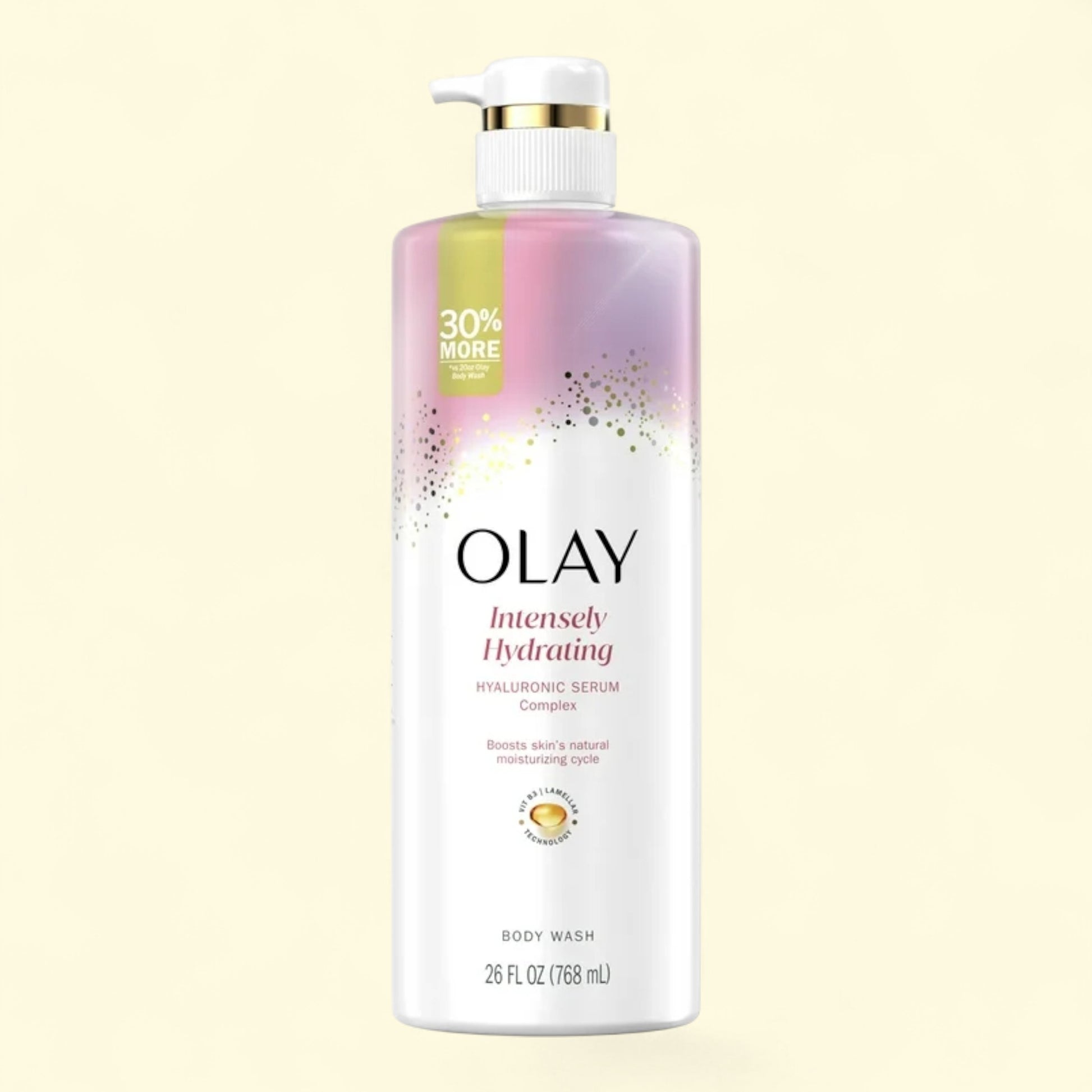 Olay Intensely Hydrating body wash bottle on a light beige background