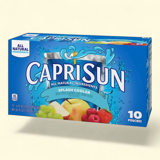 Capri Sun juice pouch packaging on a beige background