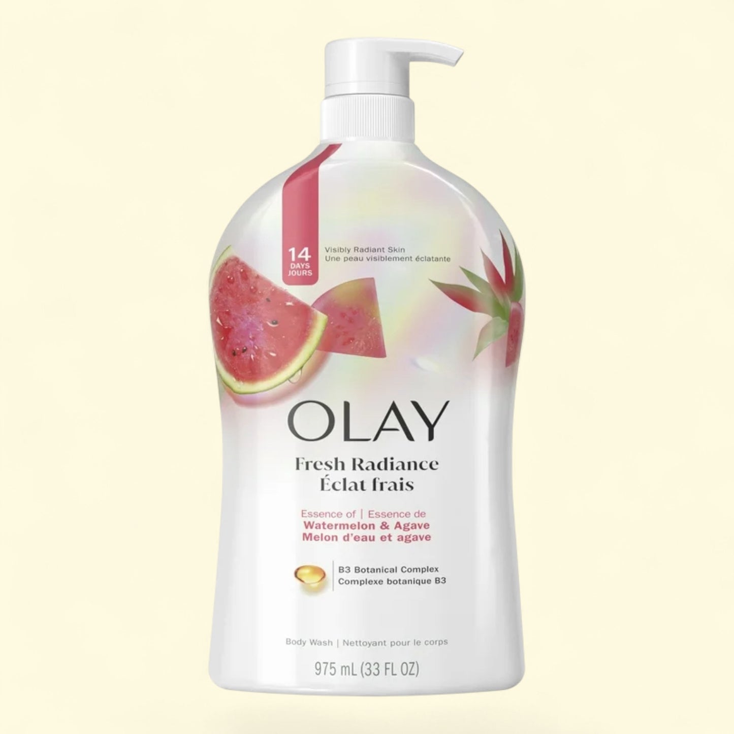 Olay Fresh Radiance body wash bottle with watermelon and agave design on a beige background