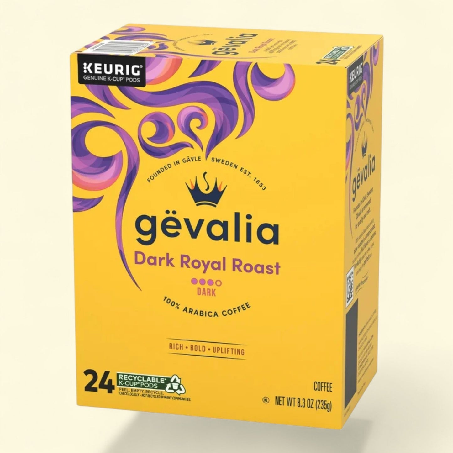 Gevalia Dark Royal Roast coffee box with purple decorative elements on a yellow background