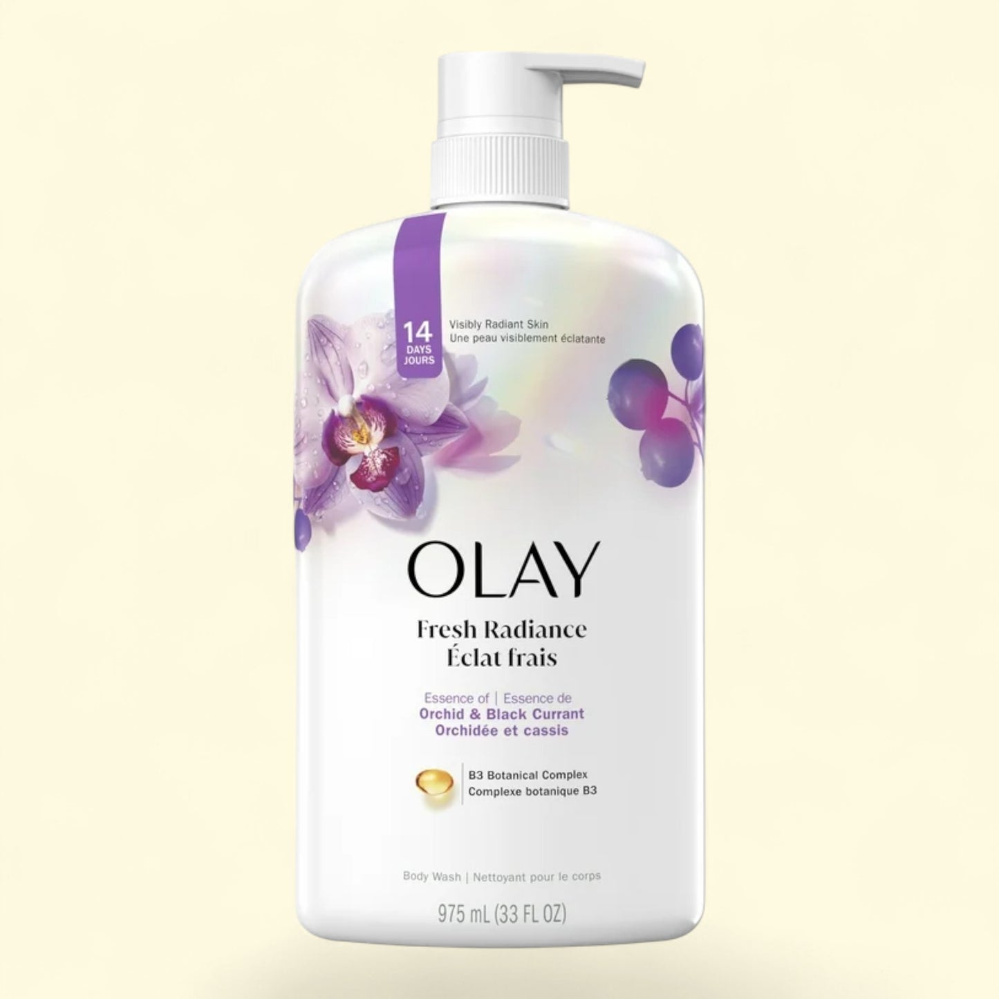 Olay Fresh Radiance body wash bottle on a beige background
