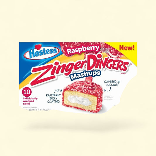 Box of Hostess Raspberry Zinger Dingers Mashups on a beige background