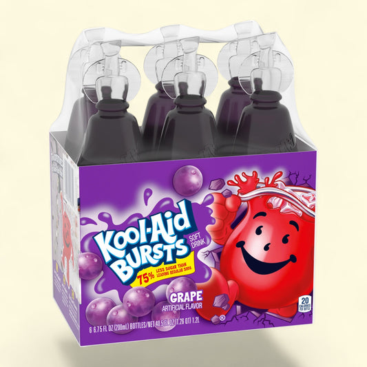 Pack of Kool-Aid Bursts grape flavor drinks on a beige background
