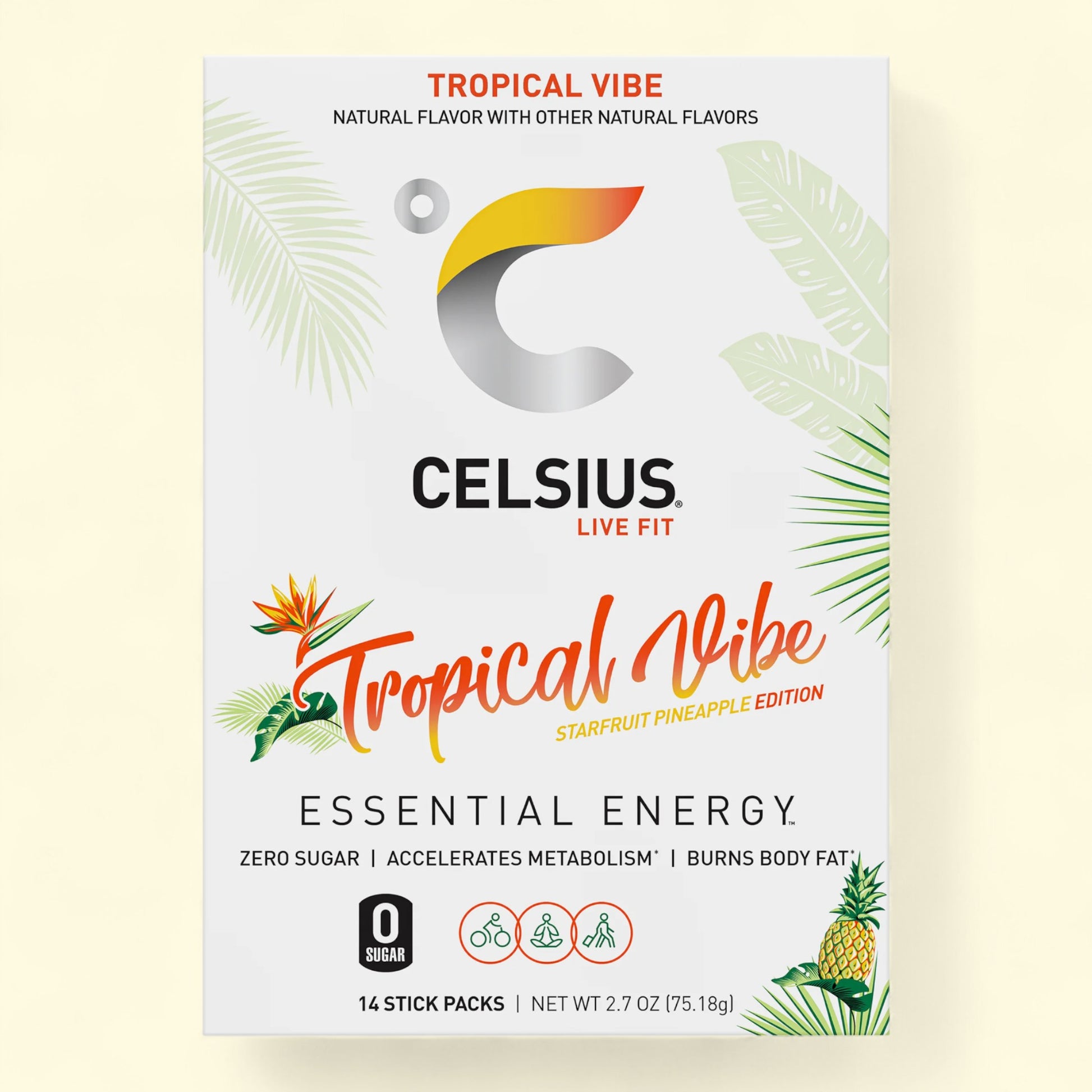 Celsius Tropical Vibe energy drink package on a beige background