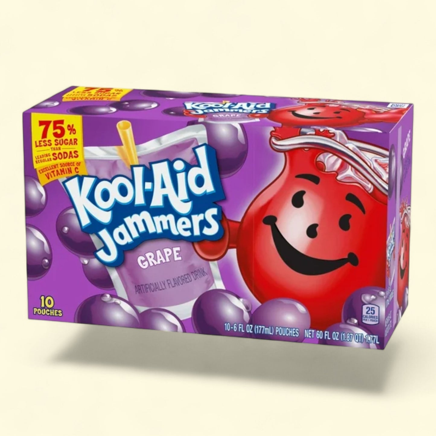 Box of Kool-Aid Jammers Grape flavor on a beige background