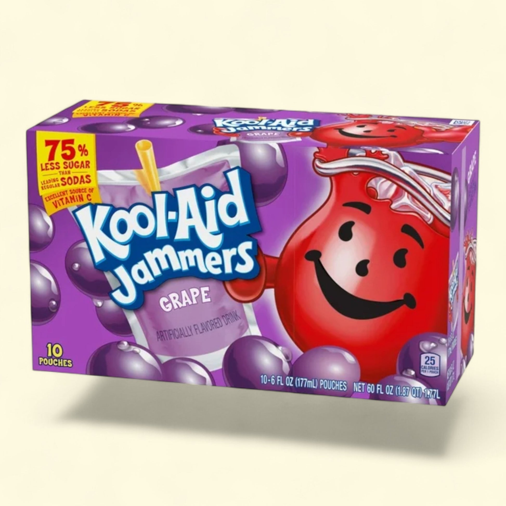 Box of Kool-Aid Jammers Grape flavor on a beige background