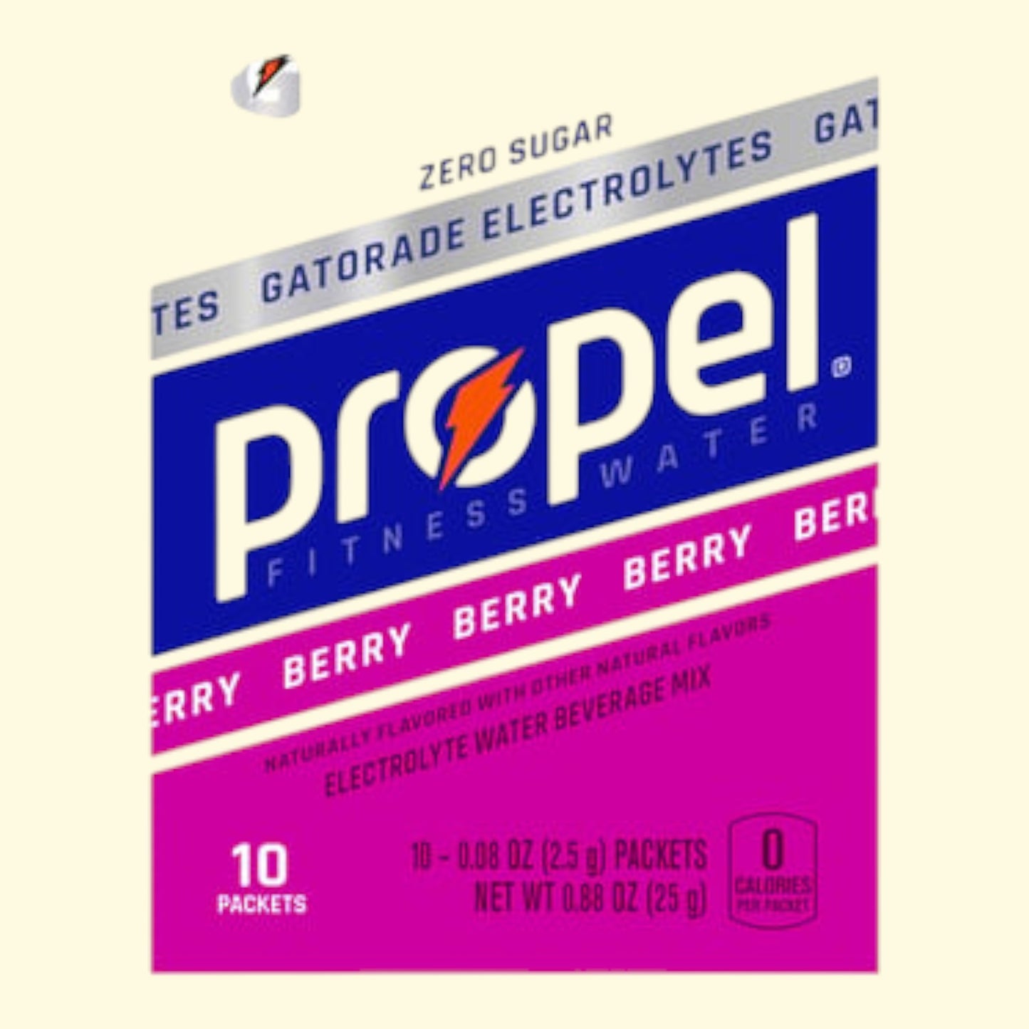 Box of Propel Fitness Water Berry Berry flavor on a beige background