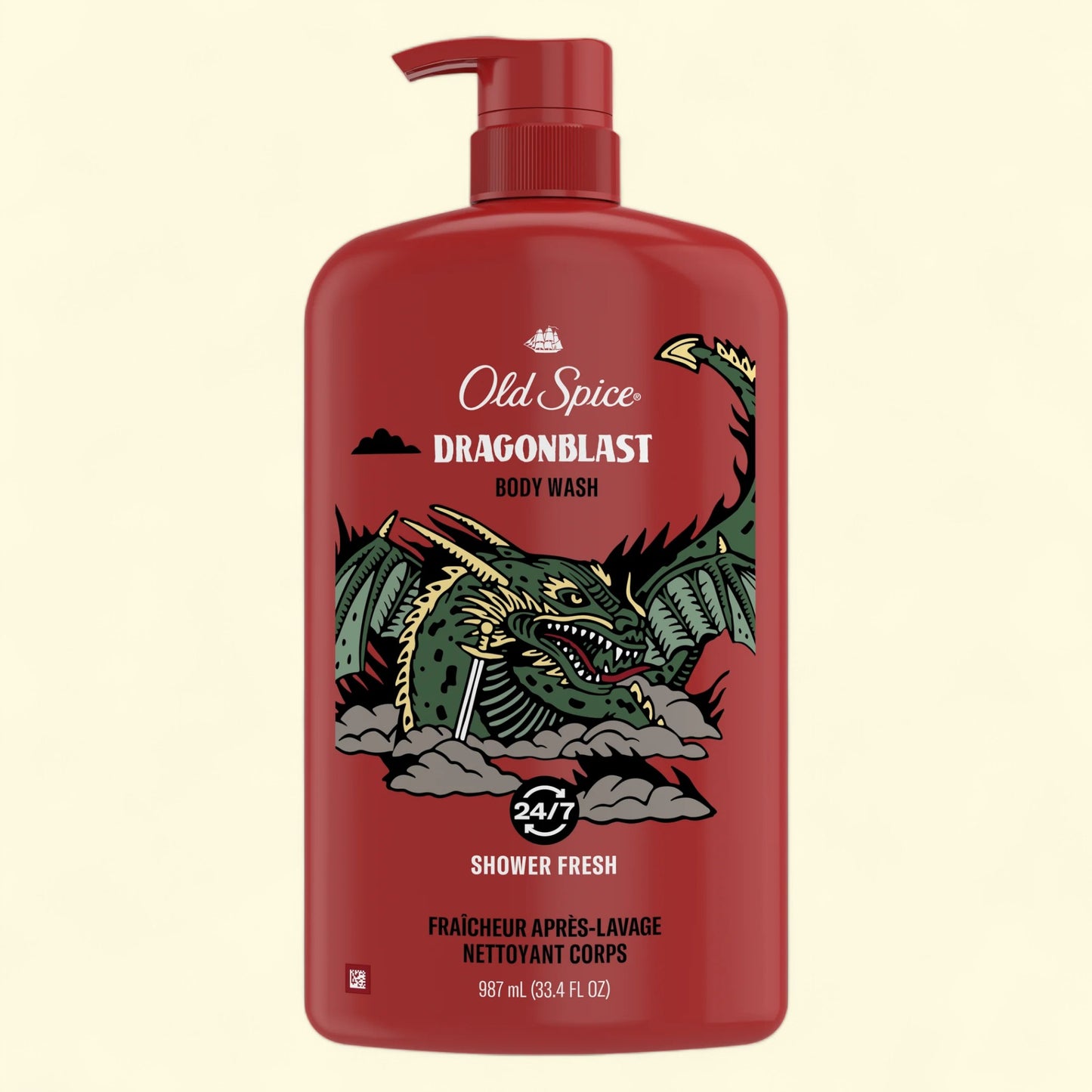 Red Old Spice Dragonblast body wash bottle on a beige background