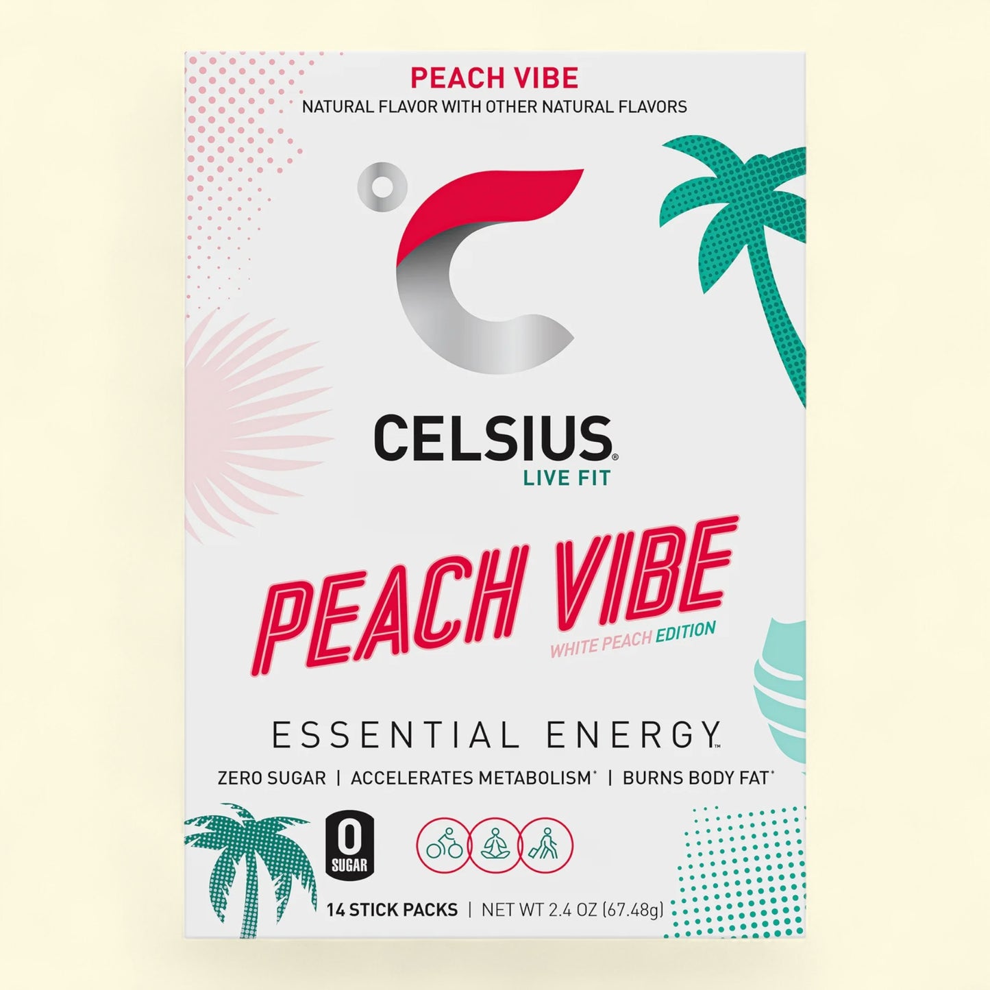 Celsius Peach Vibe energy drink package on a light beige background
