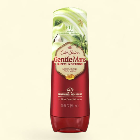 Old Spice Gentle Man's Super Hydration body wash bottle on a beige background